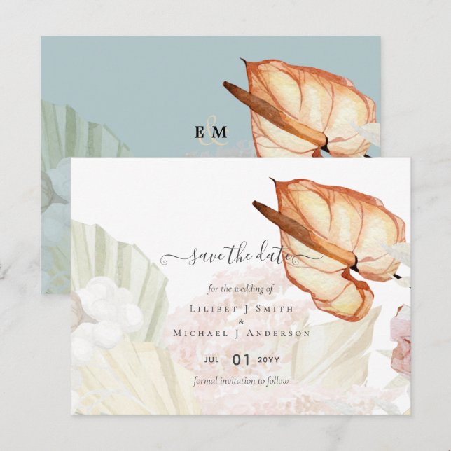 Cartão Postal Casamento Boho com Grama das Pampas Tropical (Frente/Verso)