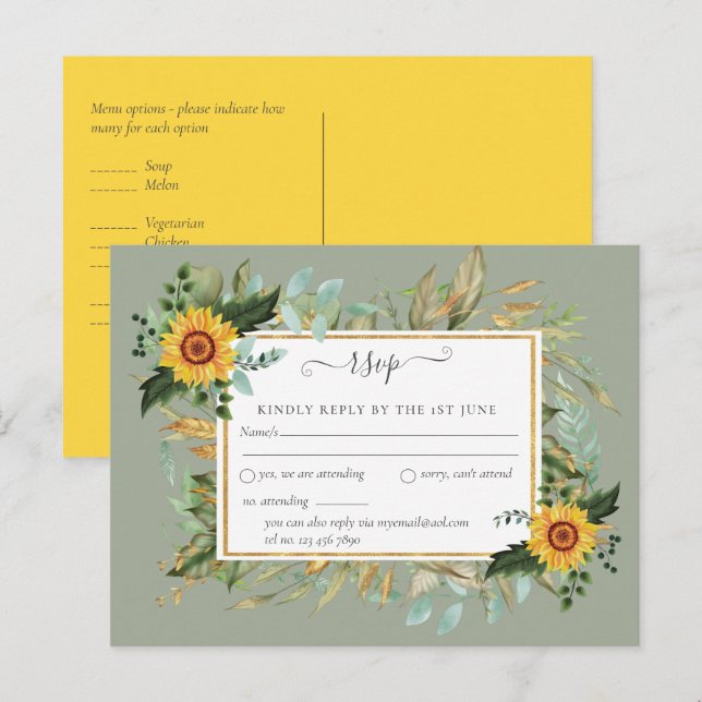Cartão Postal Casamento Boho Sunflower Sage Greenery (Frente/Verso)