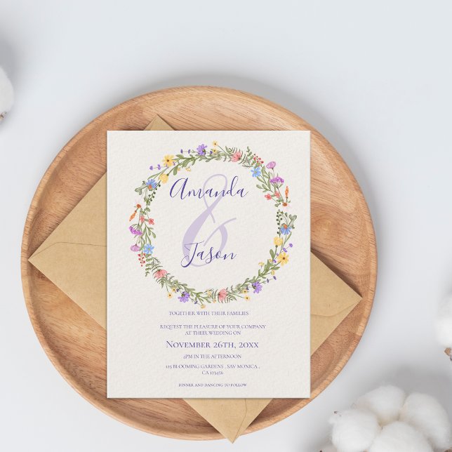 Cartão Postal Casamento Bonito de Púrpura Amarelo- Wreath (Wildflower Wreath Wedding Postcard | Floral Botanical Invite)