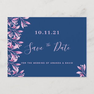 Cartão Postal Casamento botânico cor-de-rosa azul Salve a data