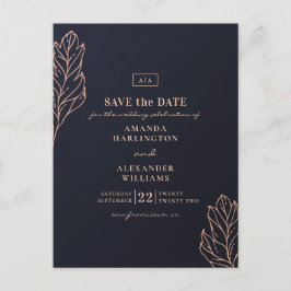 Cartão Postal Casamento botânico dourado da marinha. Azul Save t