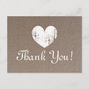 Cartão Postal Casamento Burlap, obrigado cartas com coração rúst