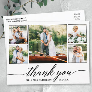 Cartão Postal Casamento Caligrafia Moderna 5 Foto Obrigado