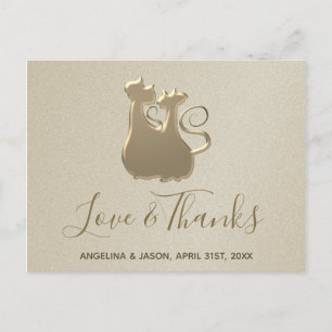 Cartão Postal Casamento Casal de Gato Dourado Elegante Obrigado