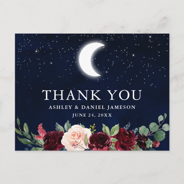 Cartão Postal Casamento Celestial Céu Lua Estrelas Floral Obriga (Frente)