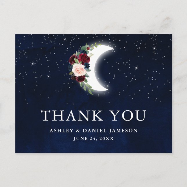 Cartão Postal Casamento Celestial Floral Lua Estrelas Obrigado (Frente)