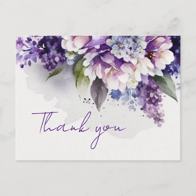 Cartão Postal Casamento Chic Boho Floral Elegante Roxo Obrigado (Frente)