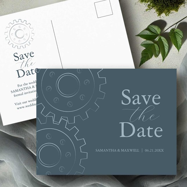 Cartão Postal Casamento Chic Industrial Salvar A Data (Industrial chic wedding save the date invitations grey with gears in line art Victoria Grigaliunas)