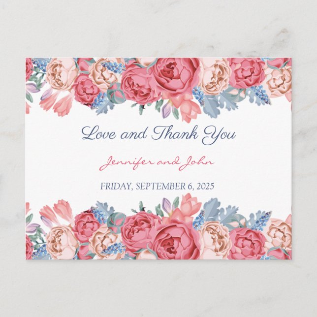 Cartão Postal Casamento Chic - Rosas Rosa-d-Água - Obrigado (Frente)