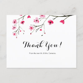 Cartão Postal Casamento Chic Watercolor Cherry Blossom Obrigado