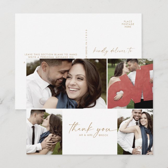 Cartão Postal Casamento com a Colagem de Fotografias Dourado Mod (Frente/Verso)