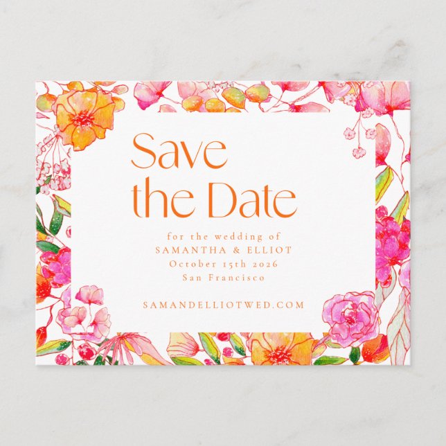 Cartão Postal Casamento com Aquarela Floral Laranja Rosa Moderna (Frente)