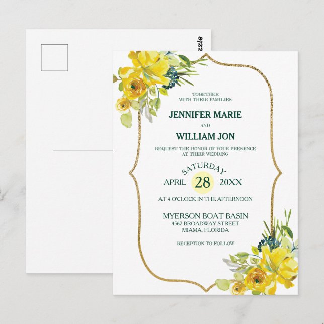 Cartão Postal Casamento com Buquê Ouro Floral Amarelo Primavera  (Frente/Verso)