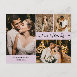 Cartão Postal Casamento com Colagem de Fotos Lilac 4 Obrigado