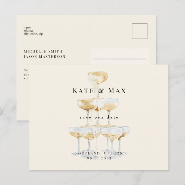 Cartão Postal Casamento com Creme Moderno de Champanhe Salvar Da (Frente/Verso)