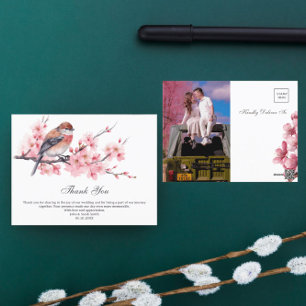 Cartão Postal Casamento com Flor de Cereja Rosa-Cura Obrigado