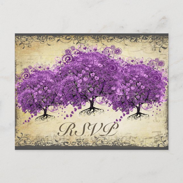 Cartão Postal Casamento com folhas de folhas de coração roxo rad (Frente)