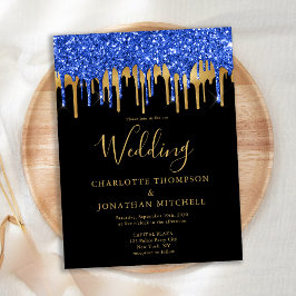 Cartão Postal Casamento com Glitter Dourado Azul Elegante Azul
