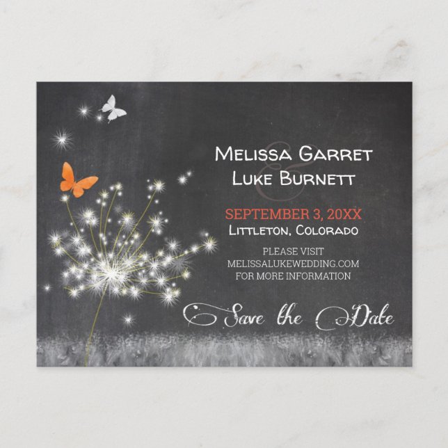 Cartão Postal Casamento com Glitzy Dandelion Chalkboard Salvar a (Frente)