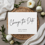 Cartão Postal Casamento com Script Branco Negro Moderno Altere a<br><div class="desc">Adiamento de casamento personalizado/alteração do cartão postal com design moderno de letras preto e branco.</div>