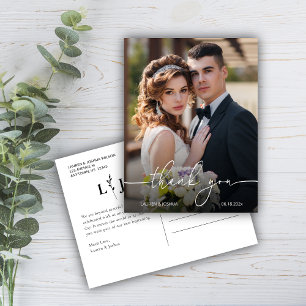 Cartão Postal Casamento com Script de Foto Monograma Obrigado