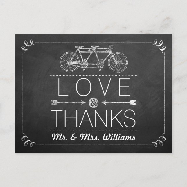 Cartão Postal Casamento com Tipografia Tandem Bicycle Chalkboard (Frente)