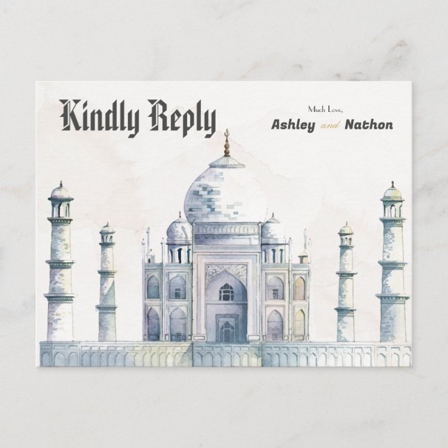 Cartão Postal Casamento de Aquarela Elegante Taj Mahal Typology (Frente)