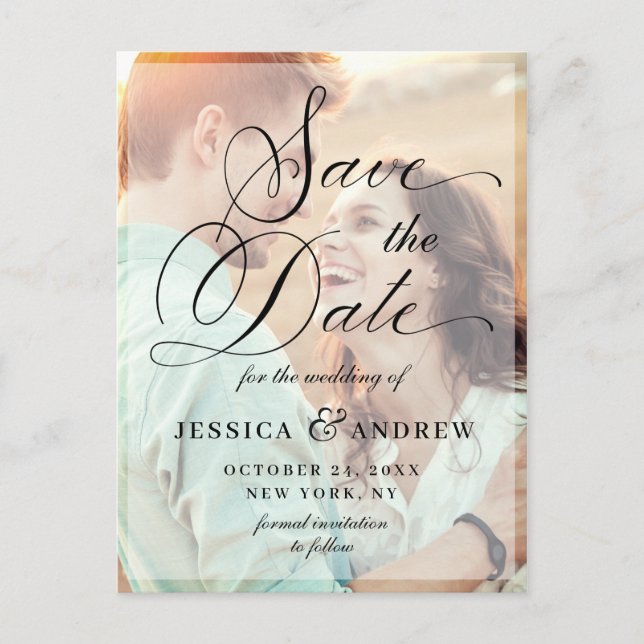 Cartão Postal Casamento de Caligrafia Elegante Salva a FOTO Data (Frente)