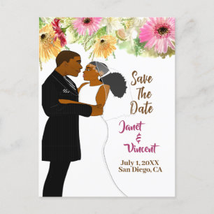 Cartão Postal Casamento de Casal Afro-Americano floral Dourado e