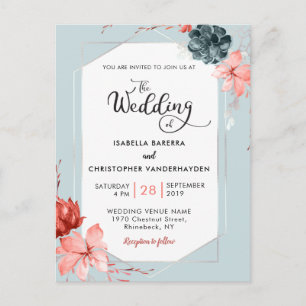 Cartão Postal Casamento de Cinza Floral de Coral Silver
