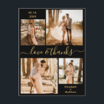 Cartão Postal Casamento de Colagem Fotográfica de Obrigados e Am<br><div class="desc">A mão escura e dourada elegante, moderna e minimalista escreveu 4 fotos de colagem personalizada obrigado de casamento que você faz. modelo de cartões de agradecimentos de casamento com quatro (4) fotos na frente e uma (1) foto no verso. Com o texto "Amor e obrigados" num guião cursivo de letras...</div>