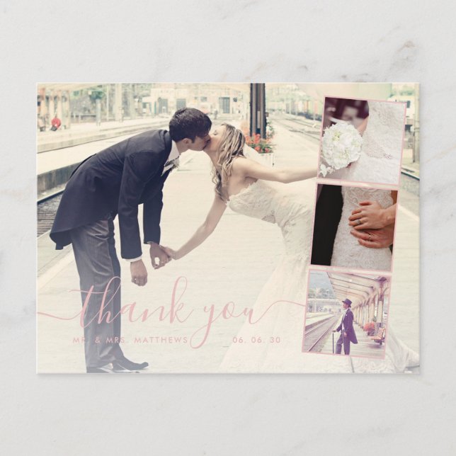 Cartão Postal Casamento de Colagem Fotográfica do Script Rosa 4  (Frente)
