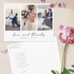 Cartão Postal Casamento de Colagem Multifotográfica Moderna Obri<br><div class="desc">Este simples obrigado de casamento de três fotos com colagem de fotos que você faz com o cartão-postal modelo apresenta um visual moderno nítido. Demos a este design minimalista um toque caloroso com 'amor e obrigados abaixo das suas fotos favoritas num desenho relaxado e em minúsculas que se sinta íntimo...</div>