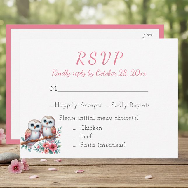 Cartão Postal Casamento de Coruja Rústico Boho Floresta RSVP (Criador carregado)