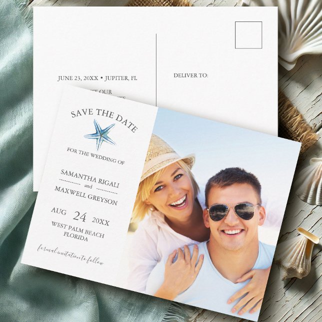 Cartão Postal Casamento de Destino de Praia Salvar a Data (destination beach wedding save the date photo with watercolor starfish art by Victoria Grigaliunas)