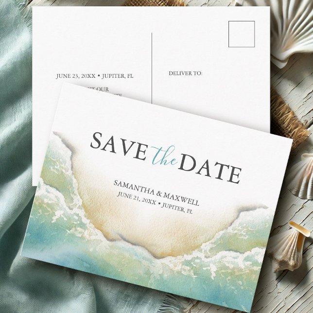 Cartão Postal Casamento de Destino de Praia Salvar a Data (Destination save the date postcards watercolor beach art by Victoria Grigaliunas Do Tell A Belle)