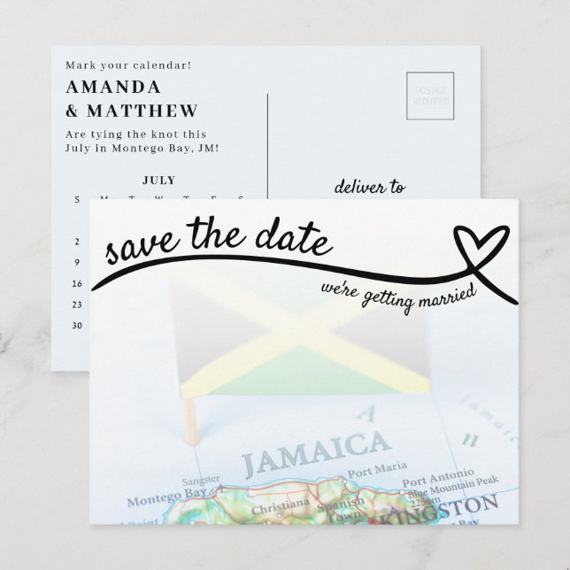 Cartão Postal Casamento de Destino em Jamaica Salve a Data (Frente/Verso)