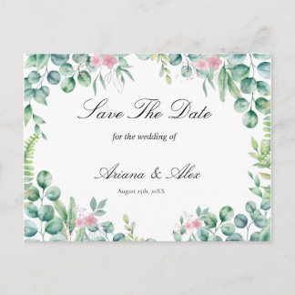 Cartão Postal Casamento de Eucalipto Floral Salvar A Data