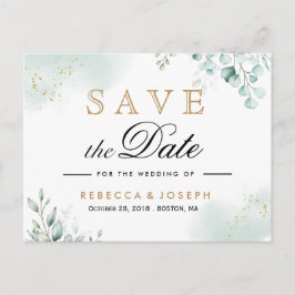 Cartão Postal Casamento de Eucalipto Verdejante com Dourado Empo
