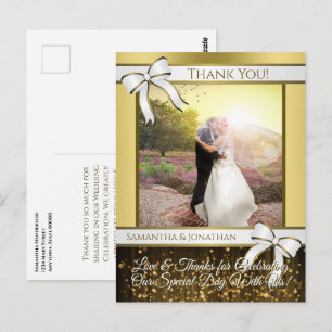 Cartão Postal Casamento de Fita Branca e Dourada Obrigado Cartã