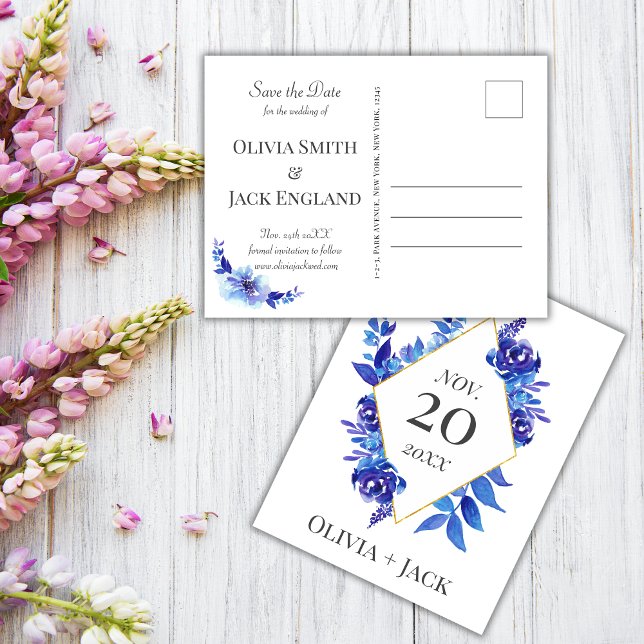 Cartão Postal Casamento de Flor Azul de Água Salvar a Data (watercolor blue flowers wedding save the date card)