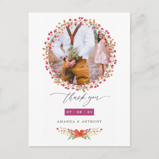 Cartão Postal Casamento de Flor Silvestre Aquarela Foto Agradeci (Frente)