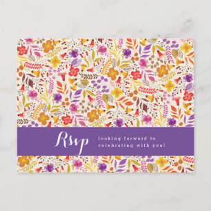 Cartão Postal Casamento de Flor Silvestre Boho Laranja Roxo