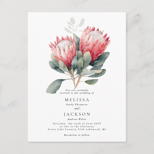 Cartão Postal Casamento de Flores de Aquarela Protea Blush (Frente)