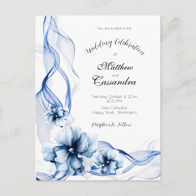 Cartão Postal Casamento de Flores de Marinho Azul Elegante Dusty (Frente)