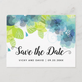 Cartão Postal Casamento de flores etéreas azuis Salvar a Data