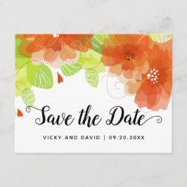 Cartão Postal Casamento de flores etéreas laranja Salvar a Data