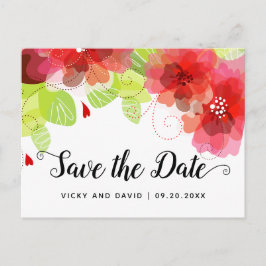 Cartão Postal Casamento de flores etéreas vermelhas Salve a data