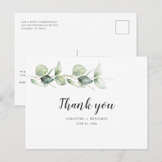 Cartão Postal Casamento de Folhagem Botânica Eucalyptus Watercol (Frente/Verso)