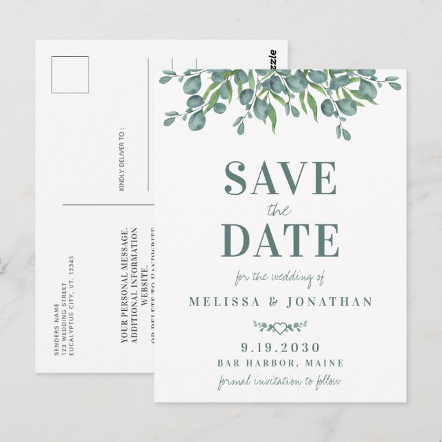 Cartão Postal Casamento De Folhagem Eucalyptus Botânica Salvar A (Frente/Verso)